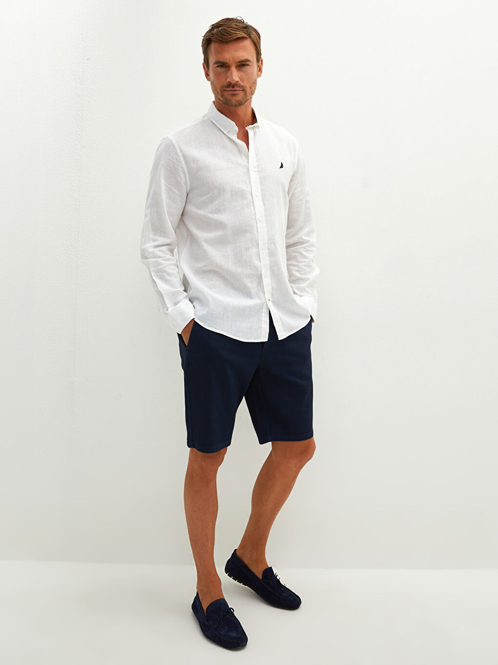 Beyaz Regular Fit Uzun Kollu Keten Erkek Gömlek-2