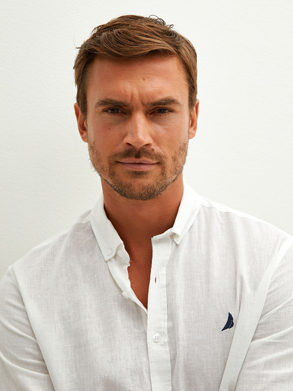 Beyaz Regular Fit Uzun Kollu Keten Erkek Gömlek-3