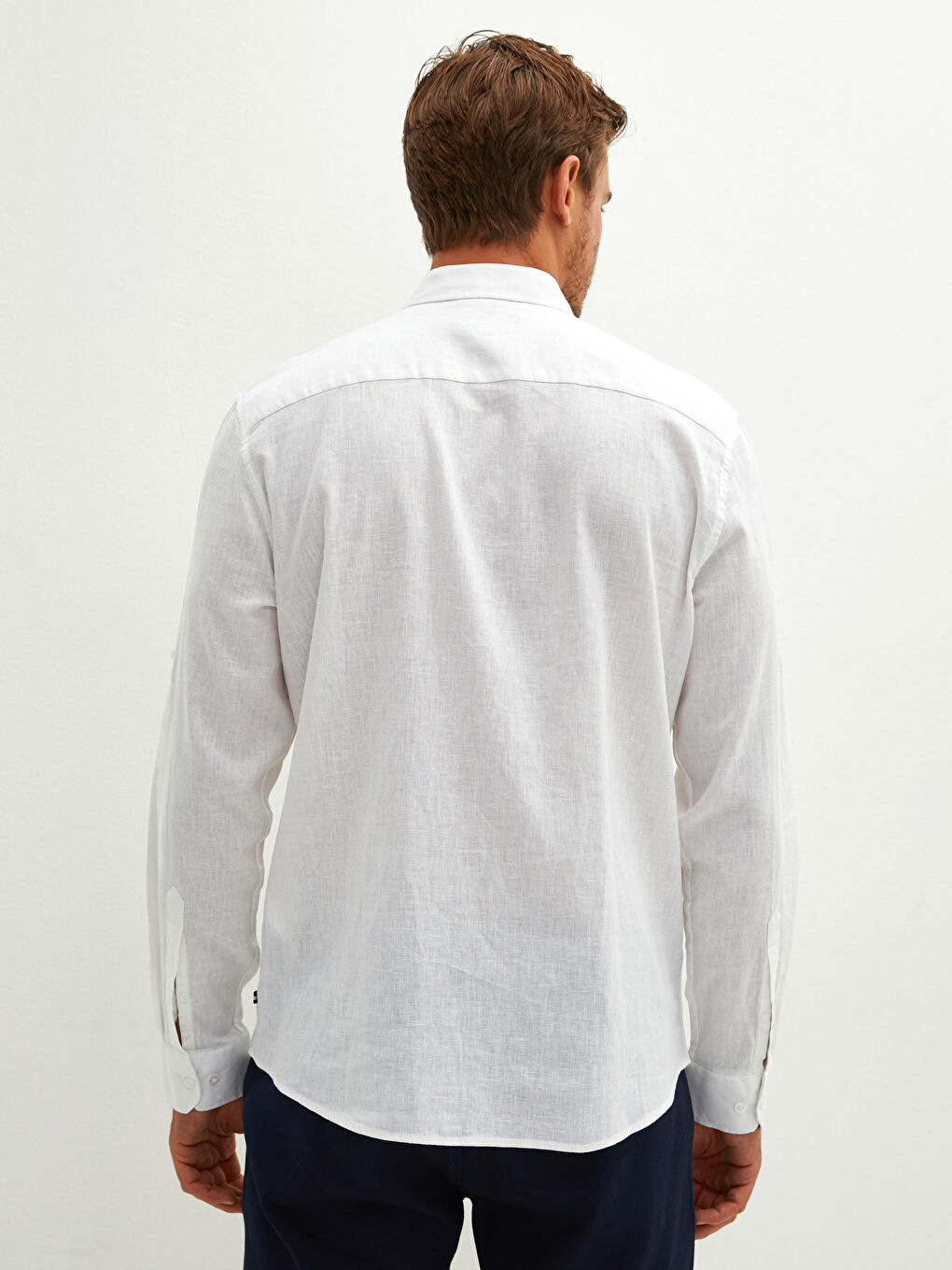 Beyaz Regular Fit Uzun Kollu Keten Erkek Gömlek-4