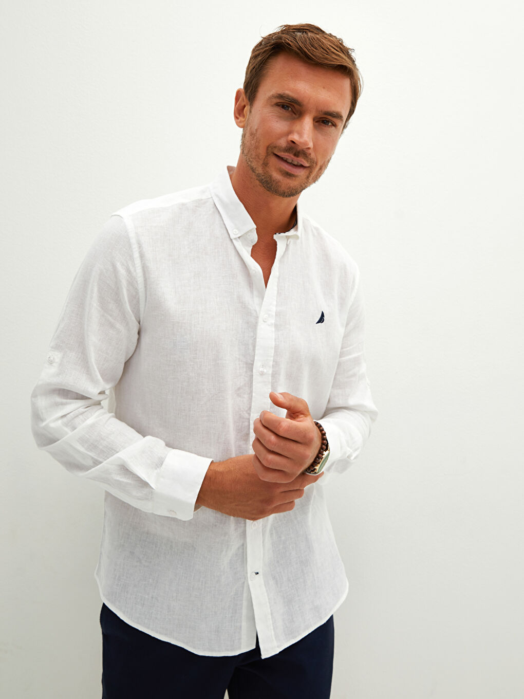 Beyaz Regular Fit Uzun Kollu Keten Erkek Gömlek-1