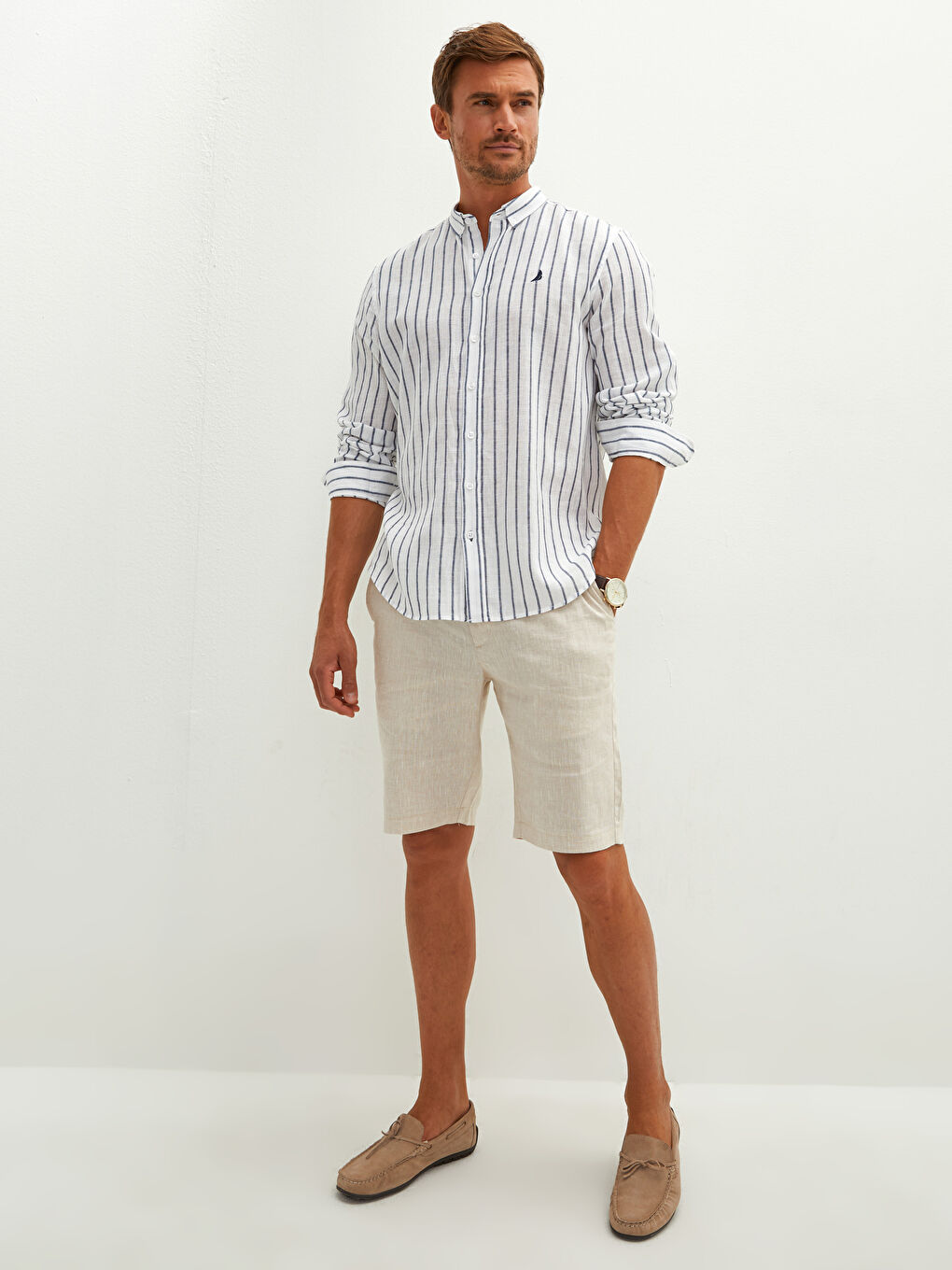 Chemise en Lin Rayée à Manches Longues pour Hommes Coupe Régulière-4