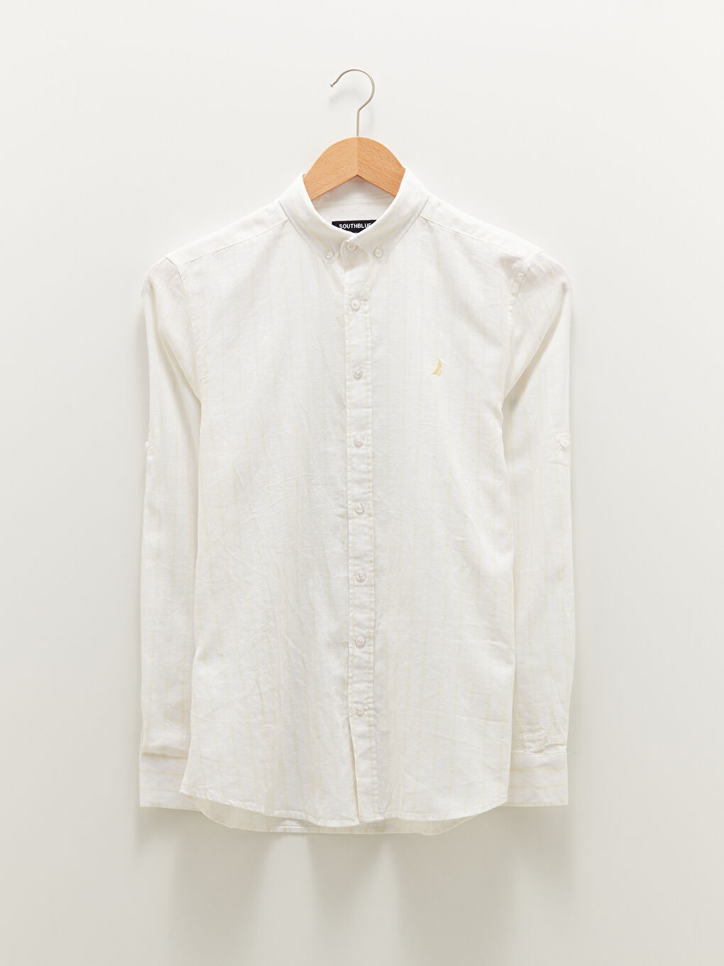 Sarı Regular Fit Uzun Kollu Çizgili Keten Erkek Gömlek-6