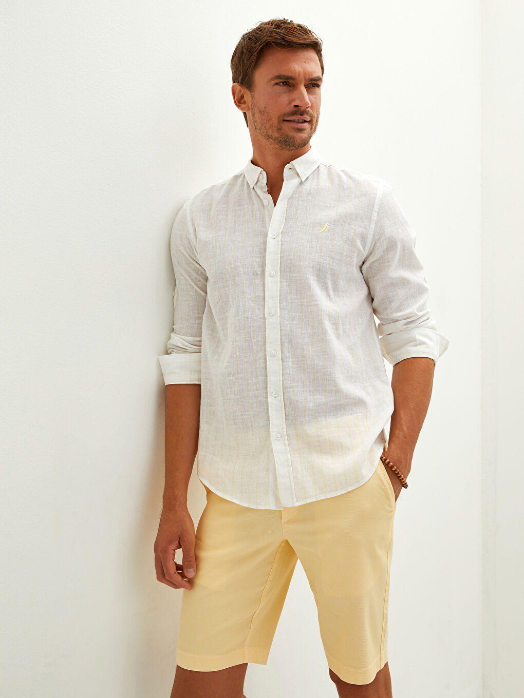 Sarı Regular Fit Uzun Kollu Çizgili Keten Erkek Gömlek-2