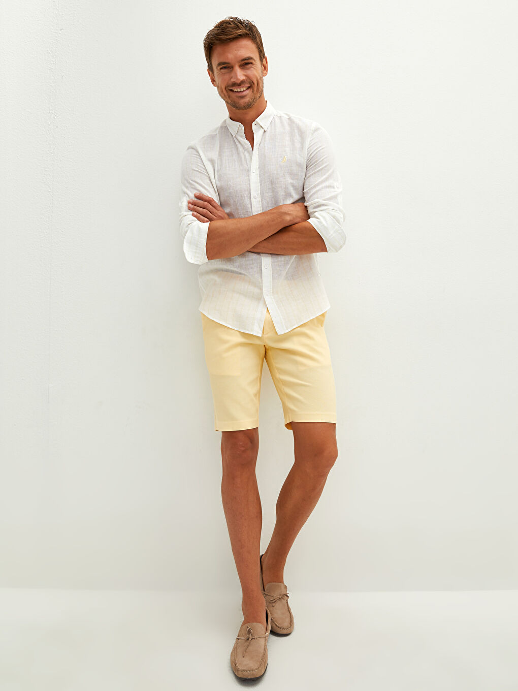 Sarı Regular Fit Uzun Kollu Çizgili Keten Erkek Gömlek-3