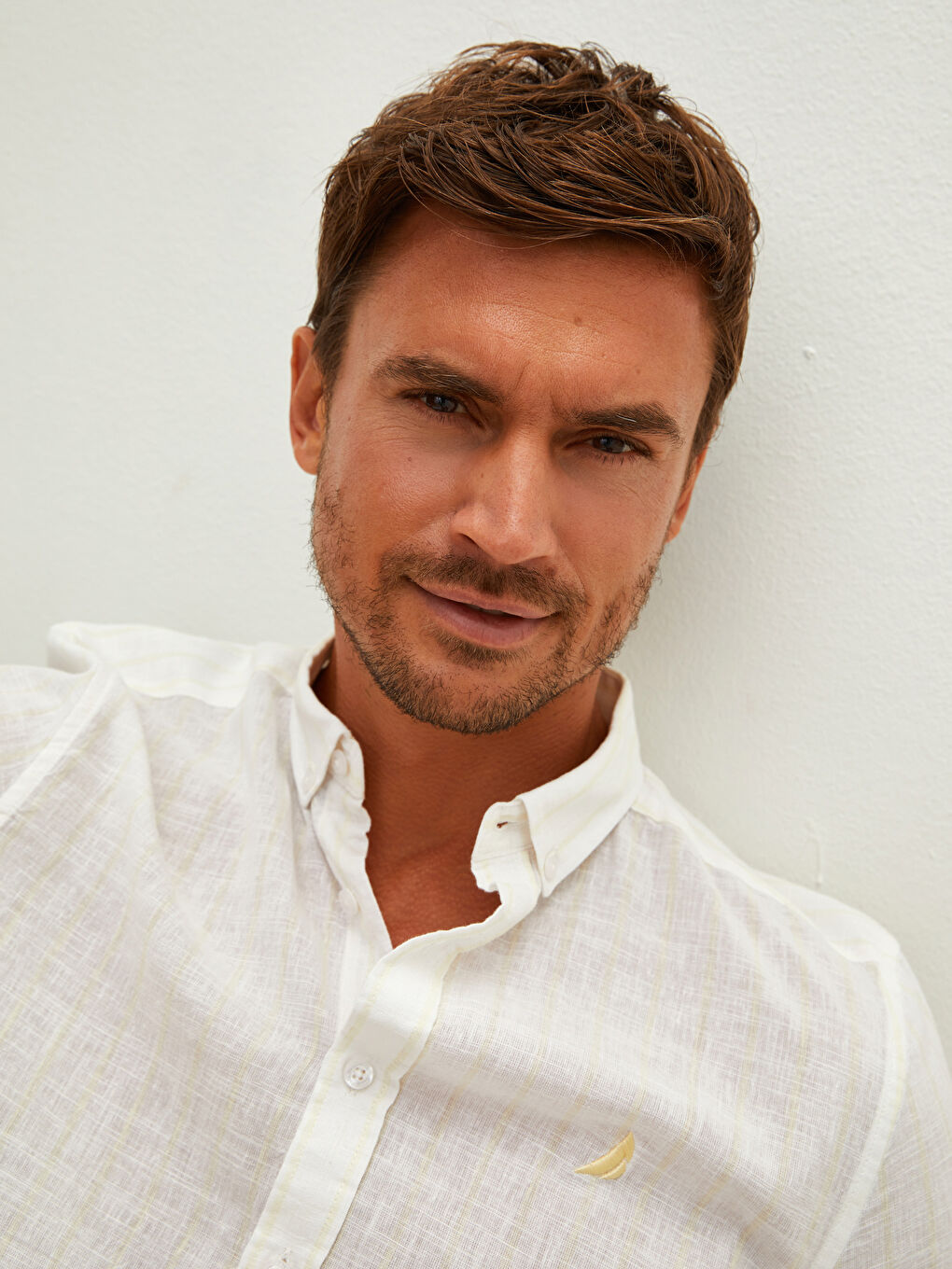 Sarı Regular Fit Uzun Kollu Çizgili Keten Erkek Gömlek-4