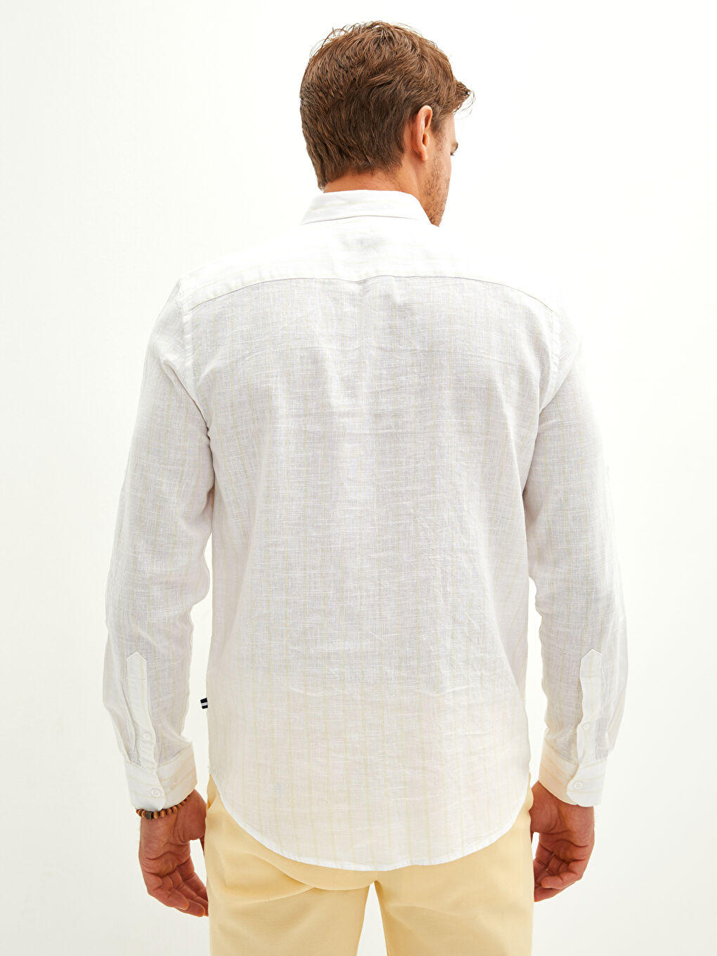 Sarı Regular Fit Uzun Kollu Çizgili Keten Erkek Gömlek-5