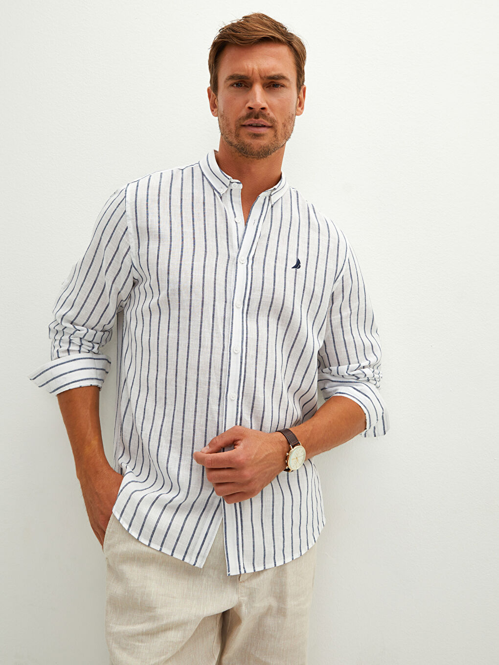 Chemise en Lin Rayée à Manches Longues pour Hommes Coupe Régulière-2