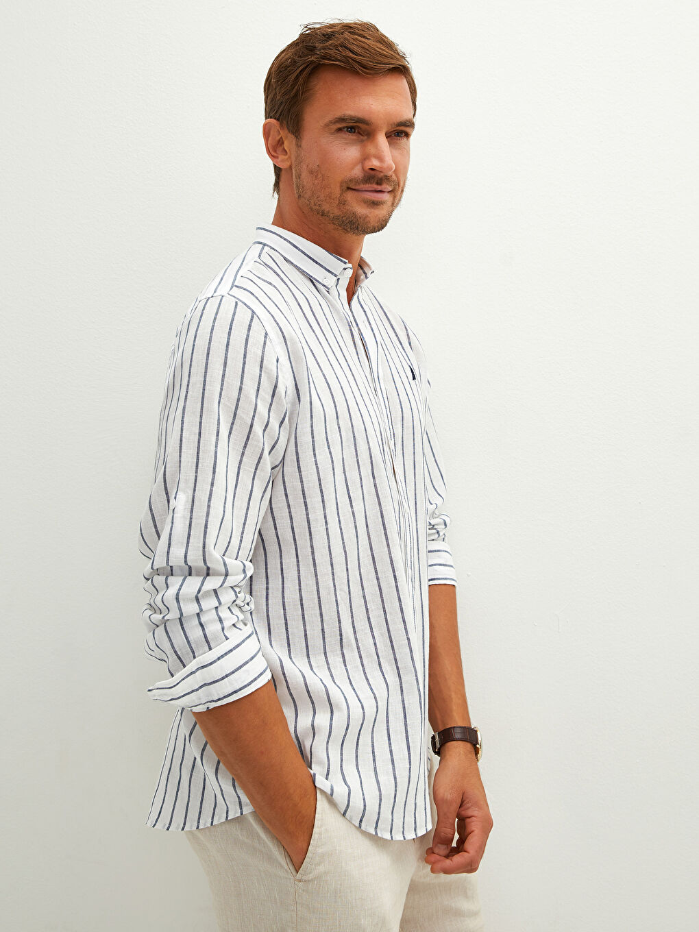 Chemise en Lin Rayée à Manches Longues pour Hommes Coupe Régulière-3