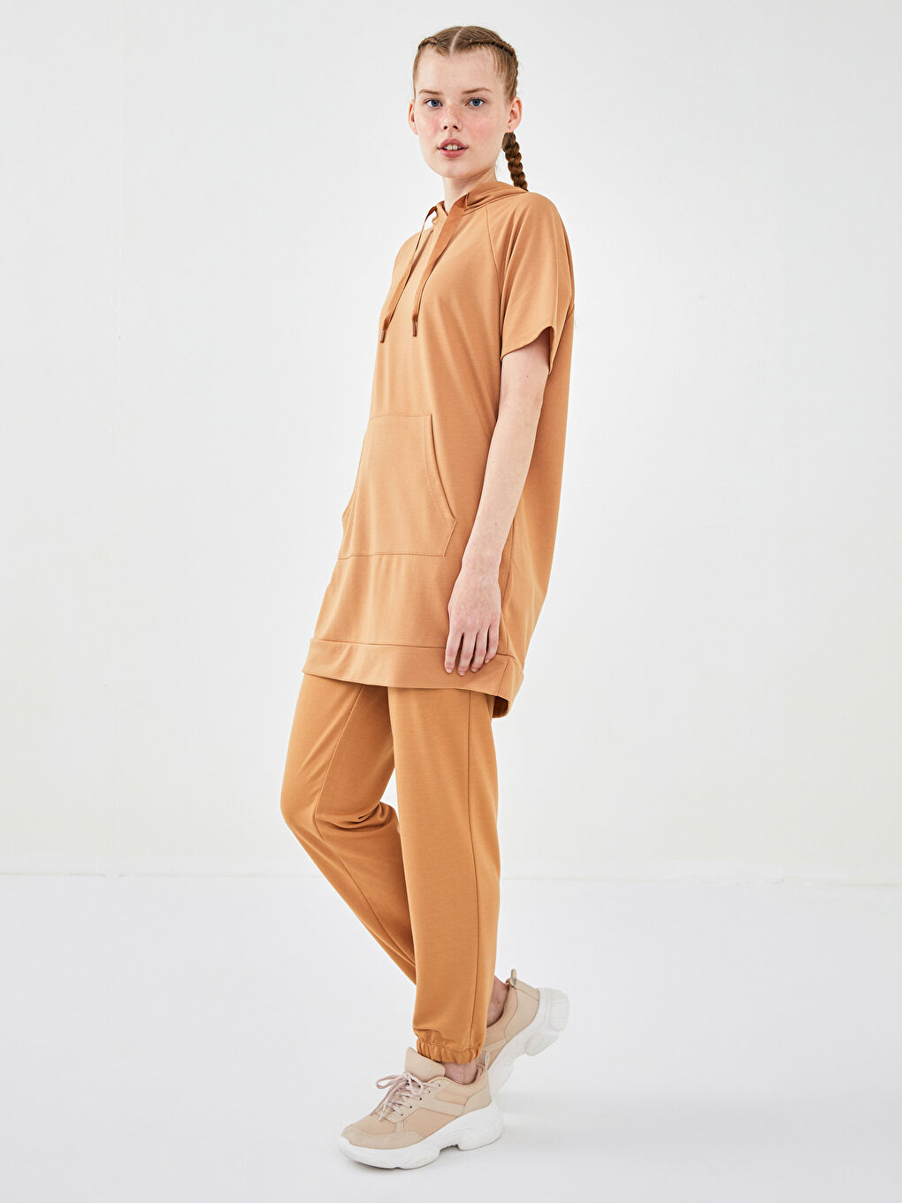 Hooded Collar Straight Short Sleeve Pocket Detailed Women's Sweatshirt Tunic -S1LI72Z8-T4N