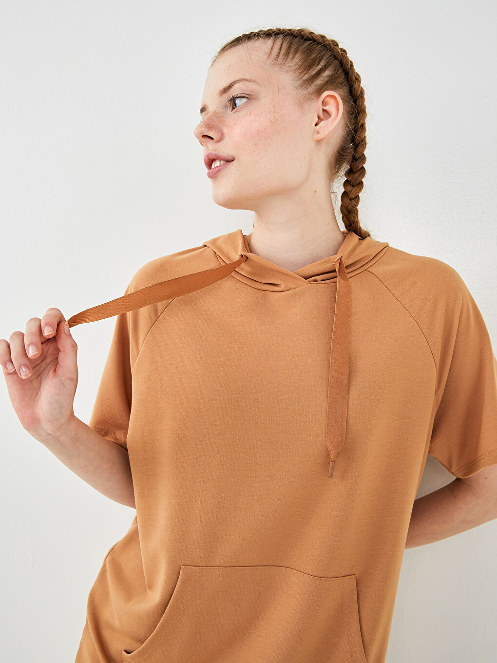 Hooded Collar Straight Short Sleeve Pocket Detailed Women's Sweatshirt Tunic -S1LI72Z8-T4N
