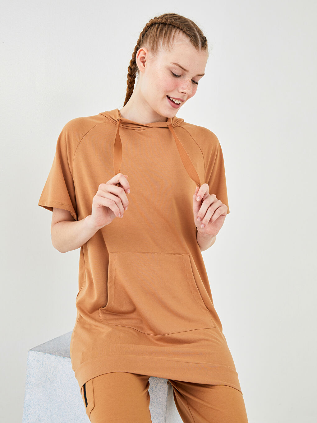 Hooded Collar Straight Short Sleeve Pocket Detailed Women's Sweatshirt Tunic -S1LI72Z8-T4N