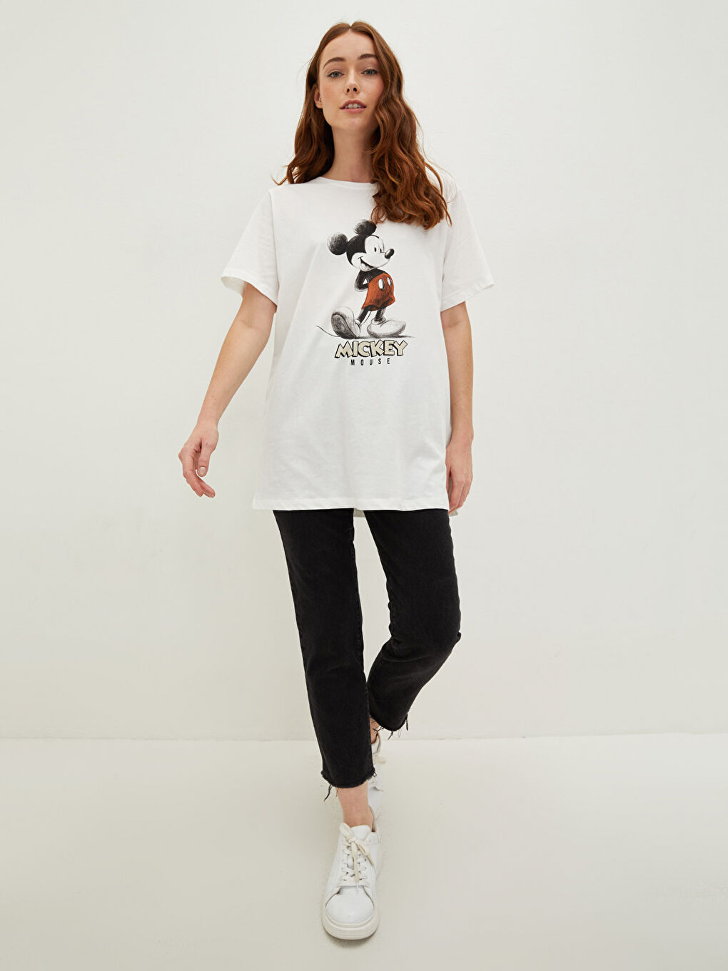 LCW Plus Size Crew Neck Mickey Mouse Printed Short Sleeve Cotton Women's T-Shirt -S1LJ25Z8-FDH