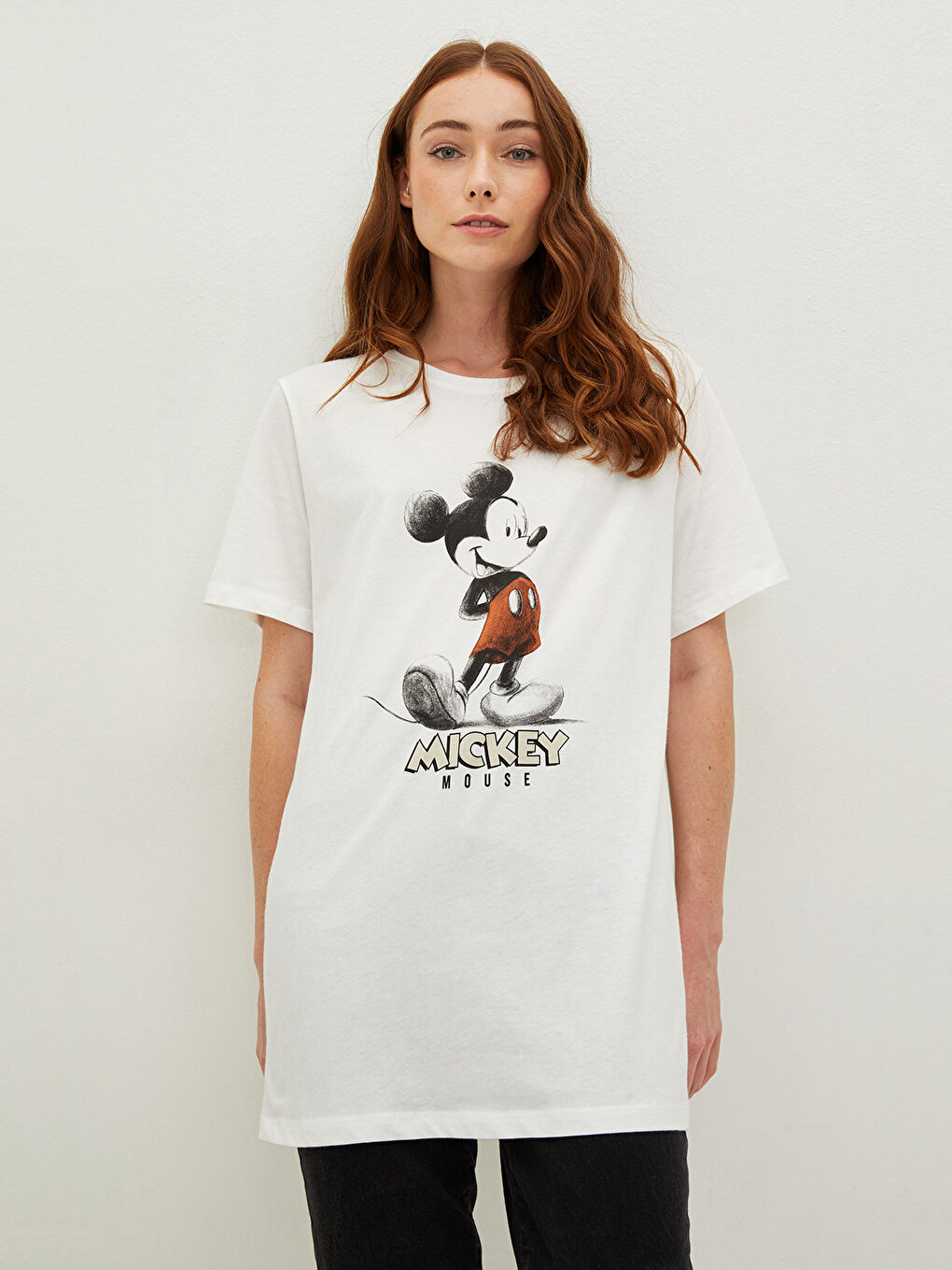 LCW Plus Size Crew Neck Mickey Mouse Printed Short Sleeve Cotton Women's T-Shirt -S1LJ25Z8-FDH