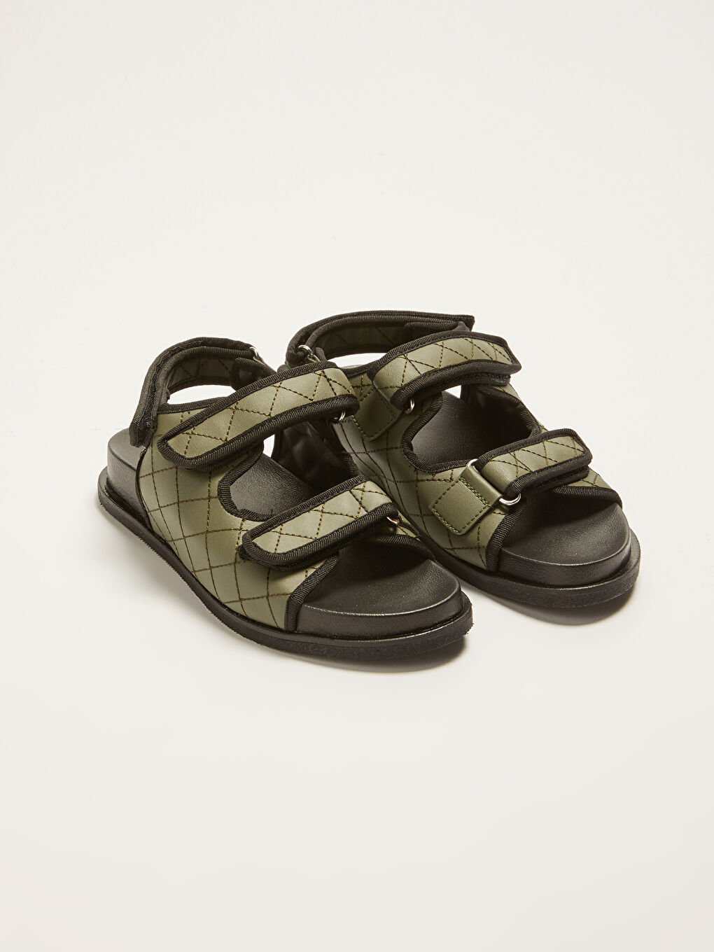 Haki Çift Bantlı Cırt Cırtlı Kadın Sandalet