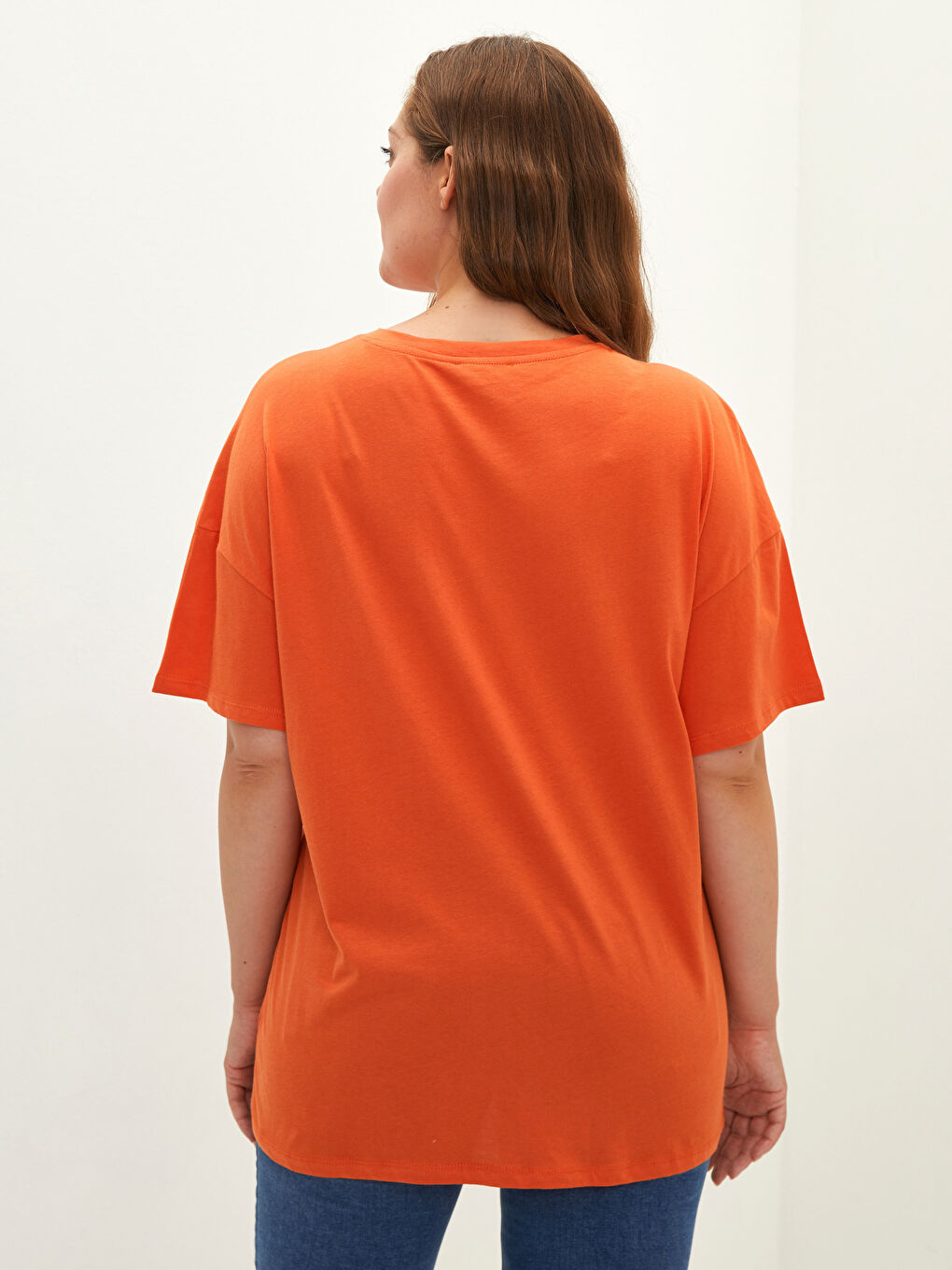 Turuncu Büyük Beden Bisiklet Yaka Baskılı Kısa Kollu Pamuklu Kadın Tişört-3