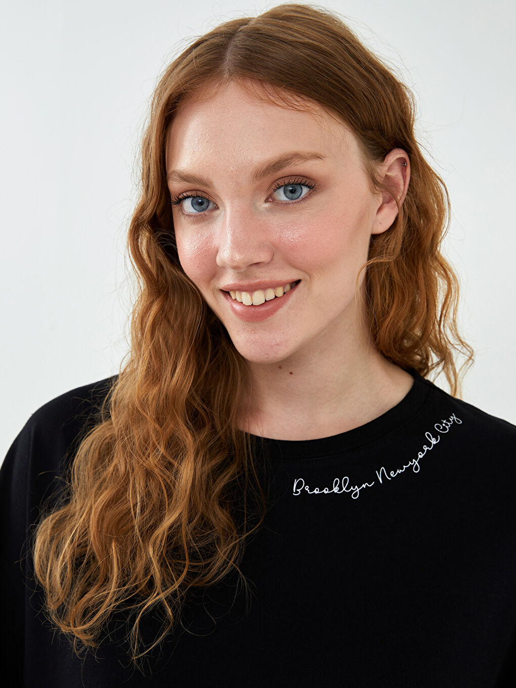 Siyah Büyük Beden Bisiklet Yaka Baskılı Kısa Kollu Pamuklu Kadın Tişört-5