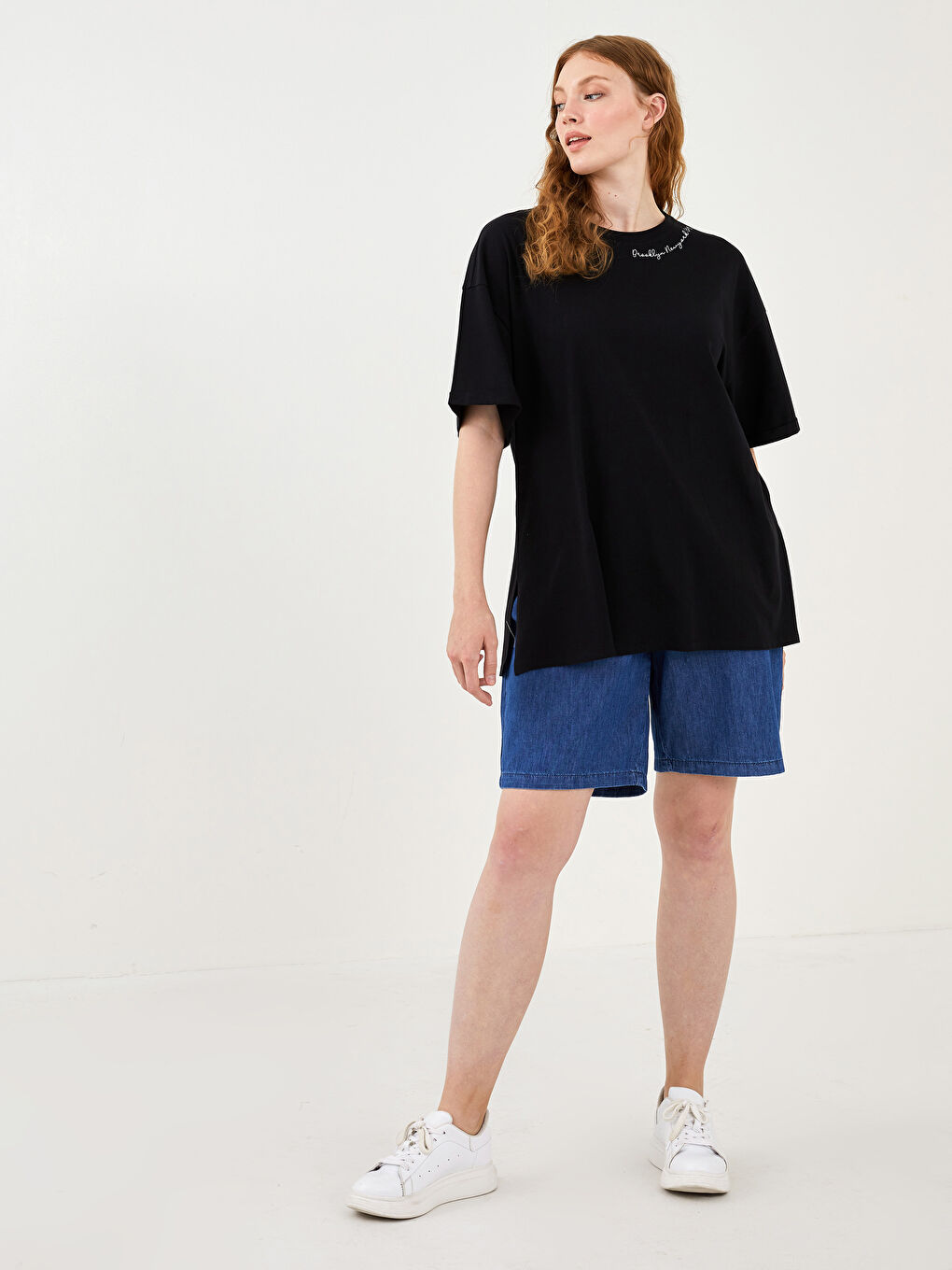 Siyah Büyük Beden Bisiklet Yaka Baskılı Kısa Kollu Pamuklu Kadın Tişört-7