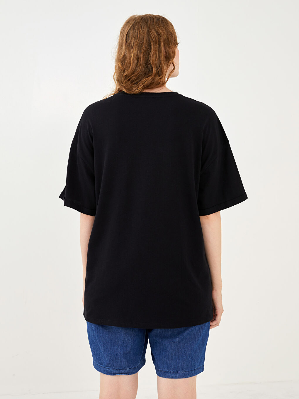 Siyah Büyük Beden Bisiklet Yaka Baskılı Kısa Kollu Pamuklu Kadın Tişört-8