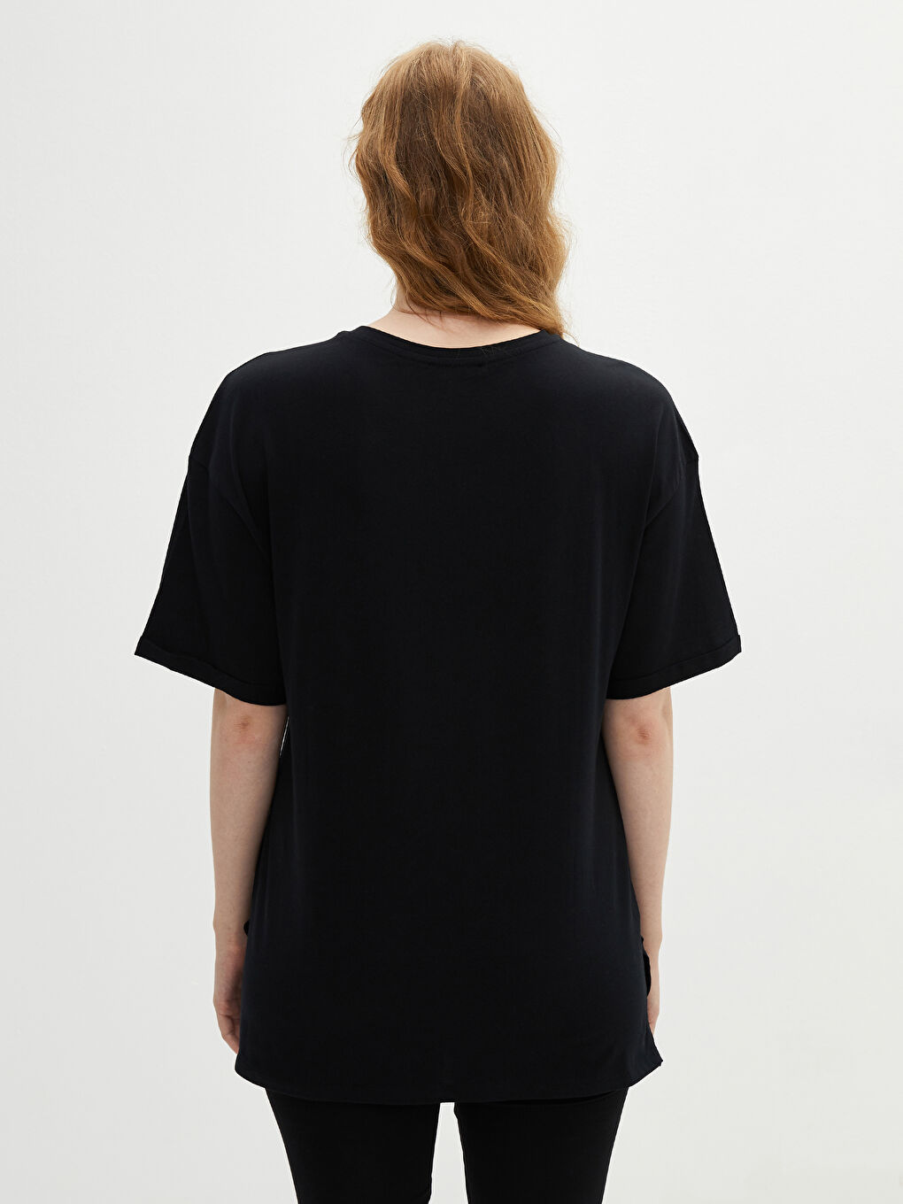 Siyah Büyük Beden Bisiklet Yaka Baskılı Kısa Kollu Pamuklu Kadın Tişört-6