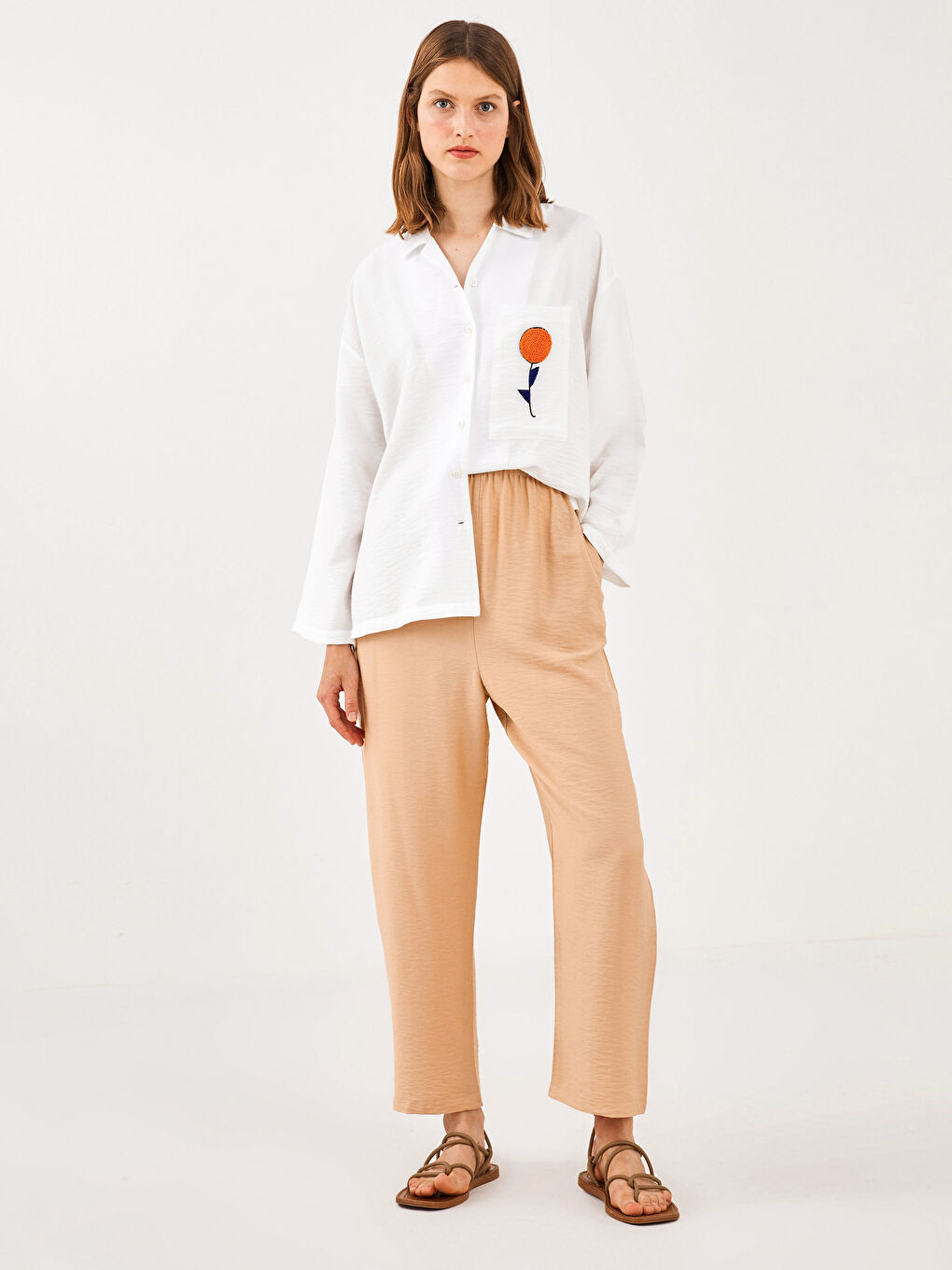 Bej Beli Lastikli Bol Fit Cep Detaylı Kadın Harem Pantolon-2