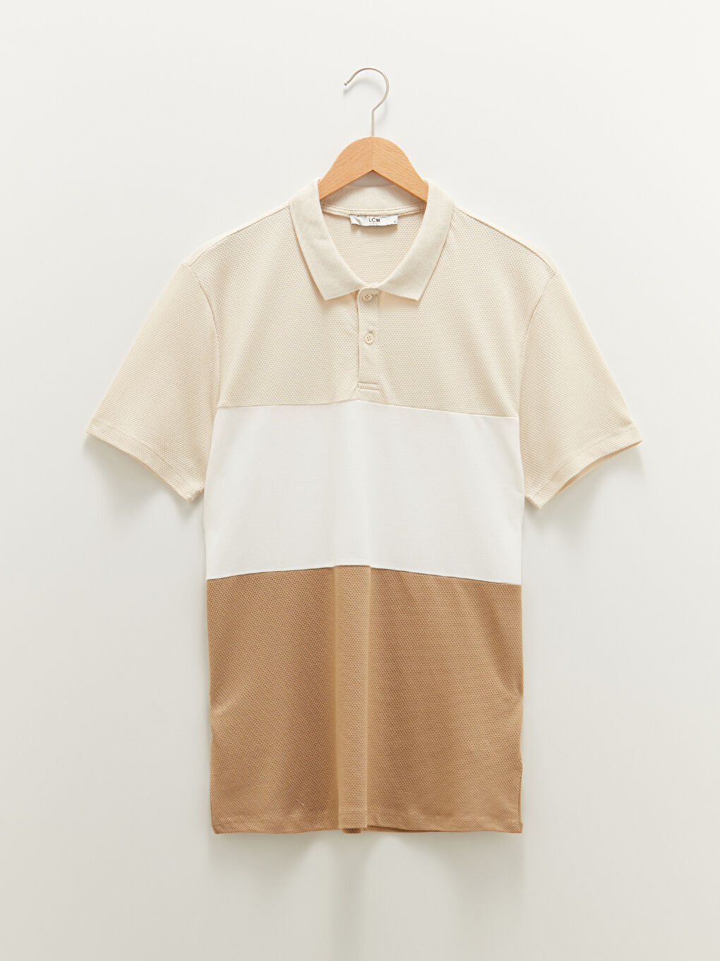 Bej Polo Yaka Kısa Kollu Renk Bloklu Erkek Tişört-6