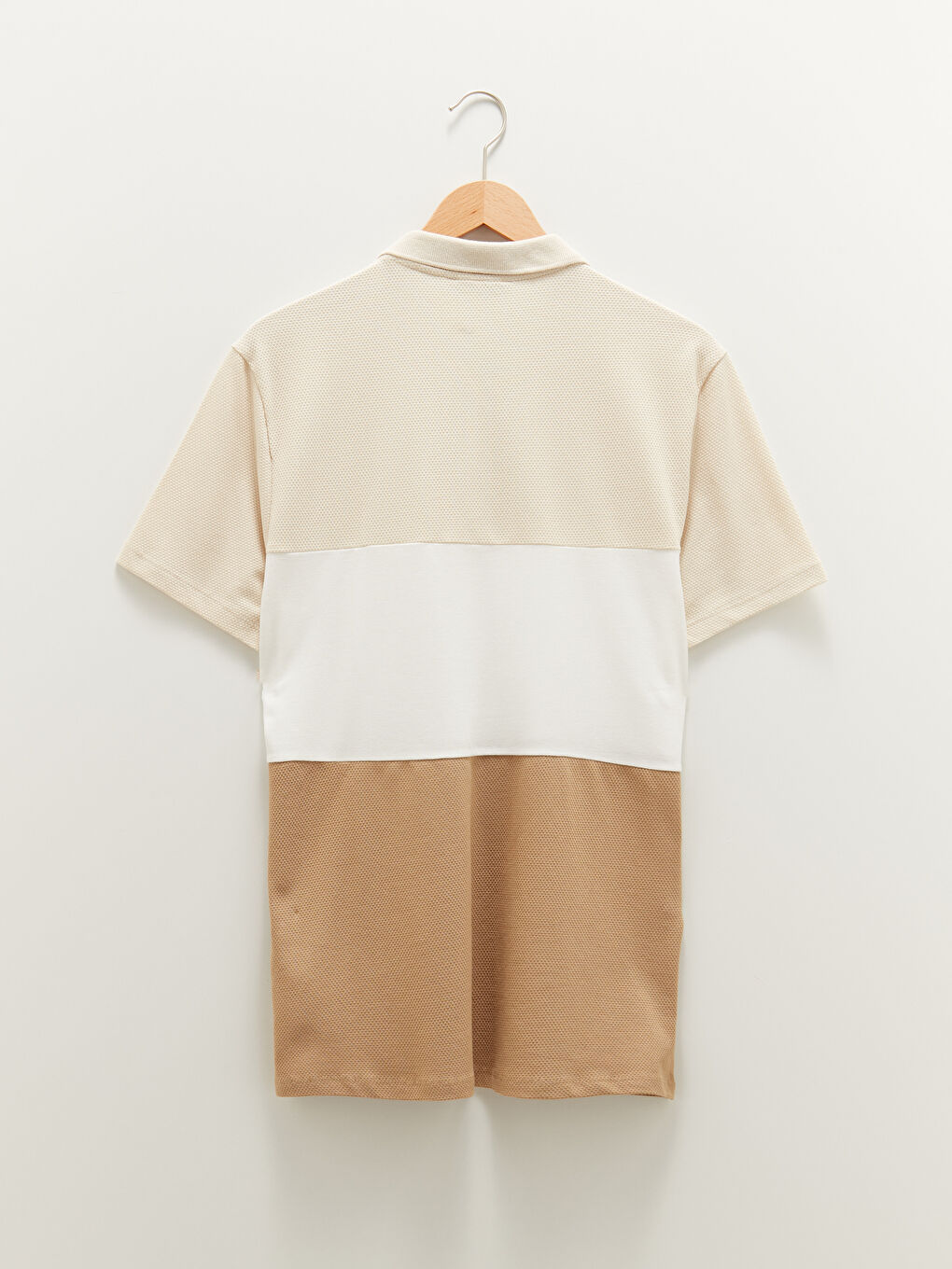 Bej Polo Yaka Kısa Kollu Renk Bloklu Erkek Tişört-7