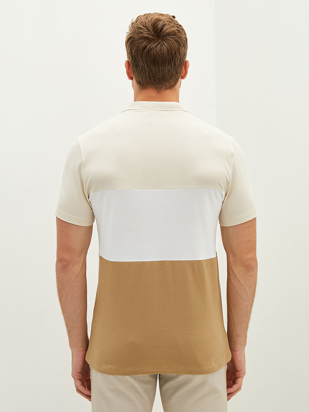 Bej Polo Yaka Kısa Kollu Renk Bloklu Erkek Tişört-5