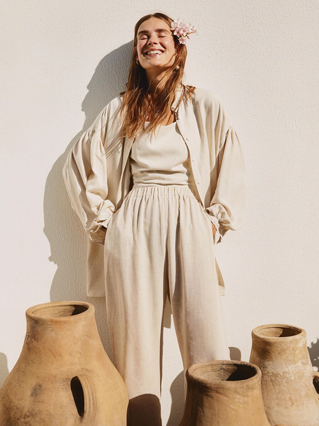 Bej Beli Lastikli Rahat Kalıp Kadın Harem Pantolon-2