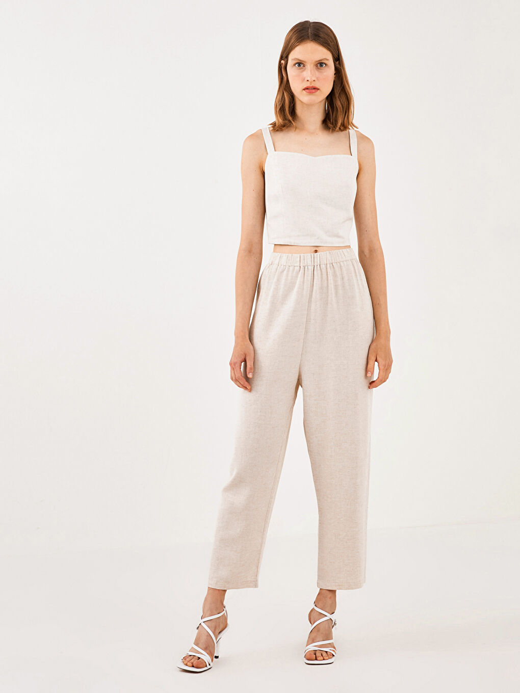 Bej Beli Lastikli Rahat Kalıp Kadın Harem Pantolon-3