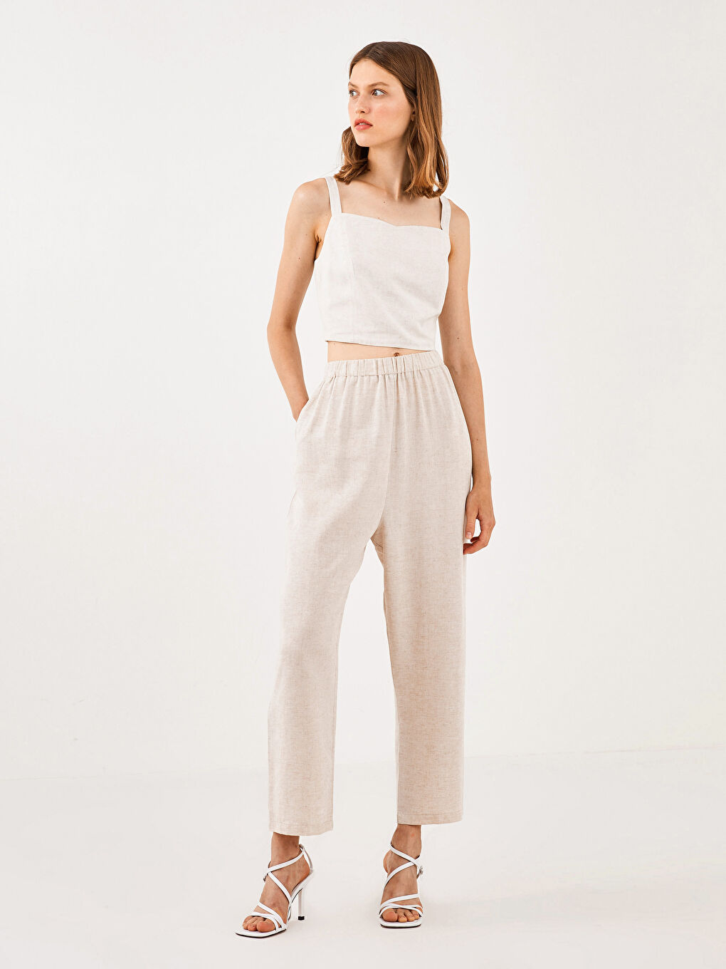 Bej Beli Lastikli Rahat Kalıp Kadın Harem Pantolon-4