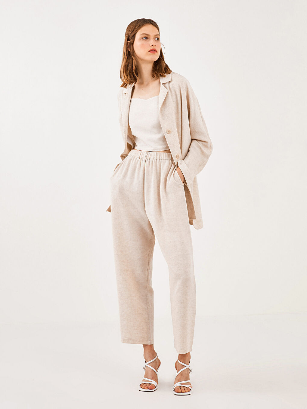 Bej Beli Lastikli Rahat Kalıp Kadın Harem Pantolon-5