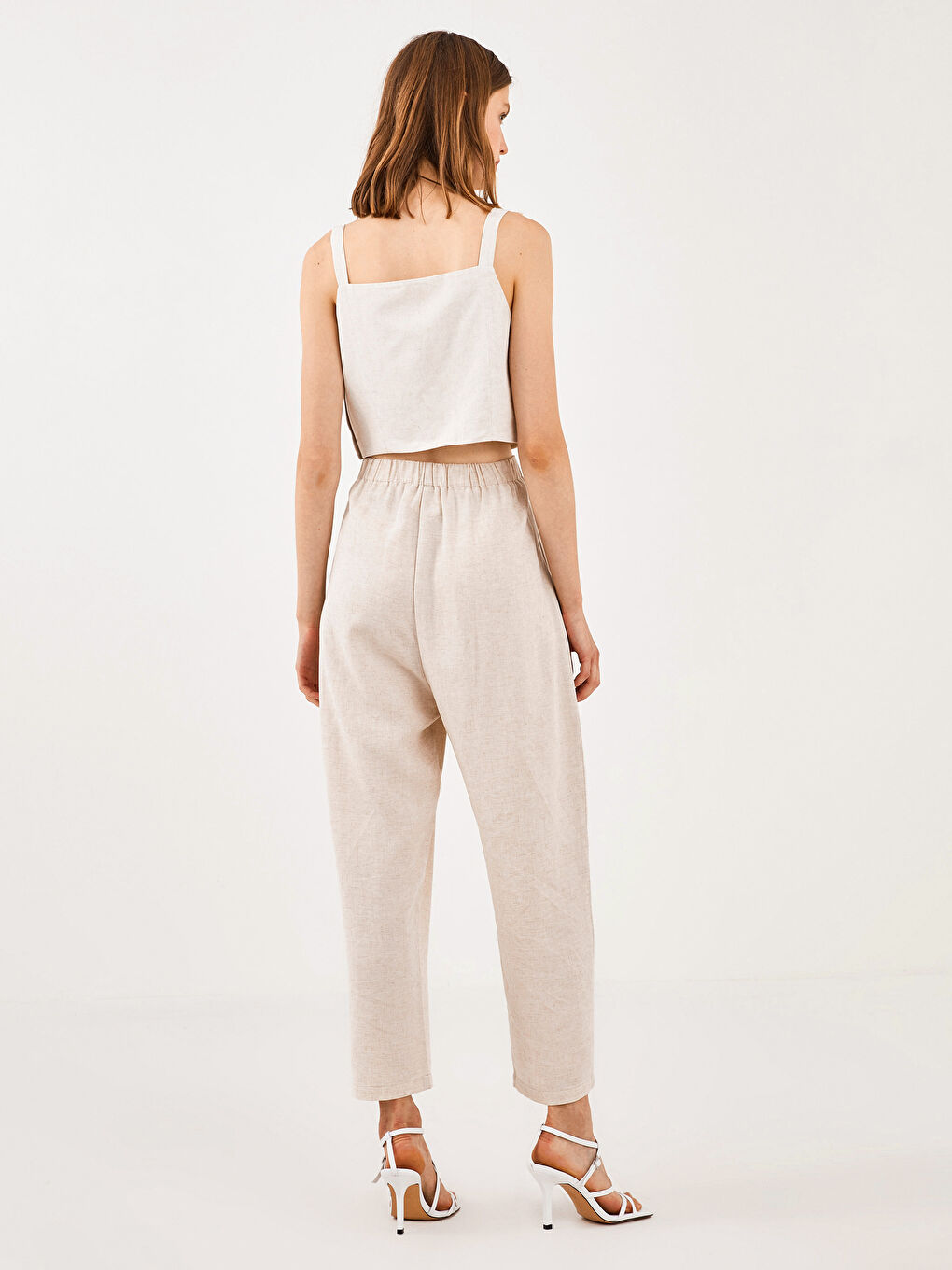 Bej Beli Lastikli Rahat Kalıp Kadın Harem Pantolon-6