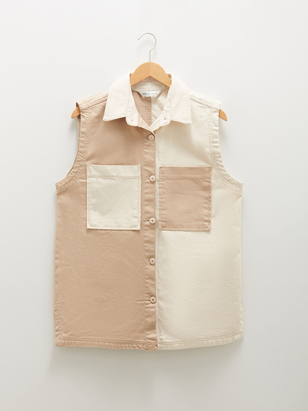 Bej Kadın Gömlek Yaka Renk Bloklu Kolsuz Jean Ceket-6