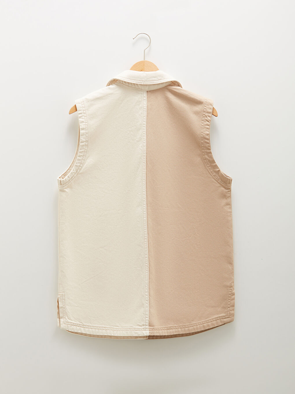 Bej Kadın Gömlek Yaka Renk Bloklu Kolsuz Jean Ceket-7