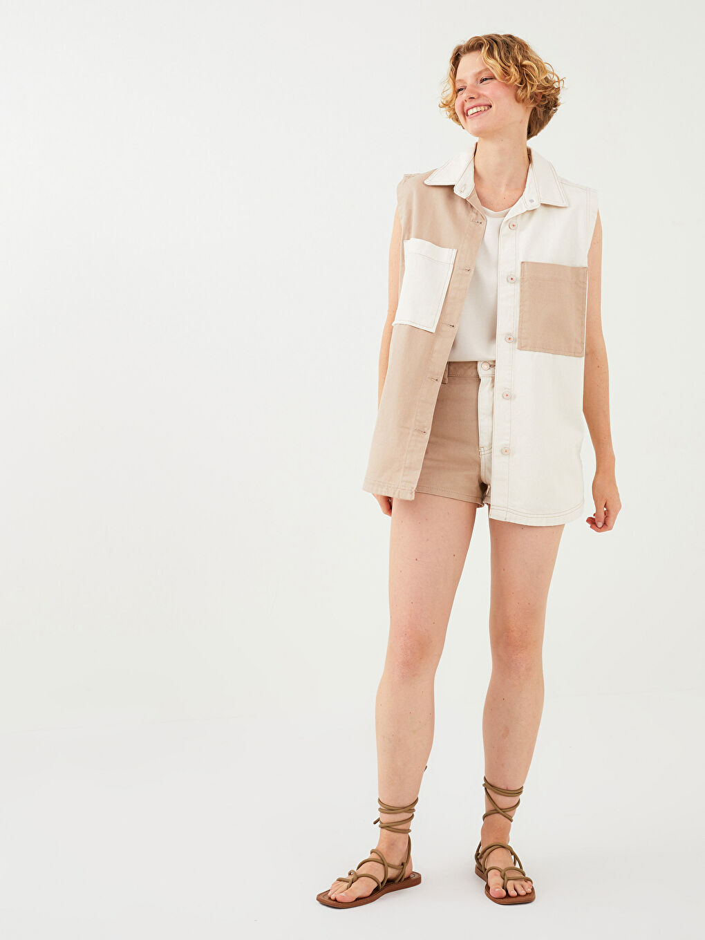 Bej Kadın Gömlek Yaka Renk Bloklu Kolsuz Jean Ceket-4