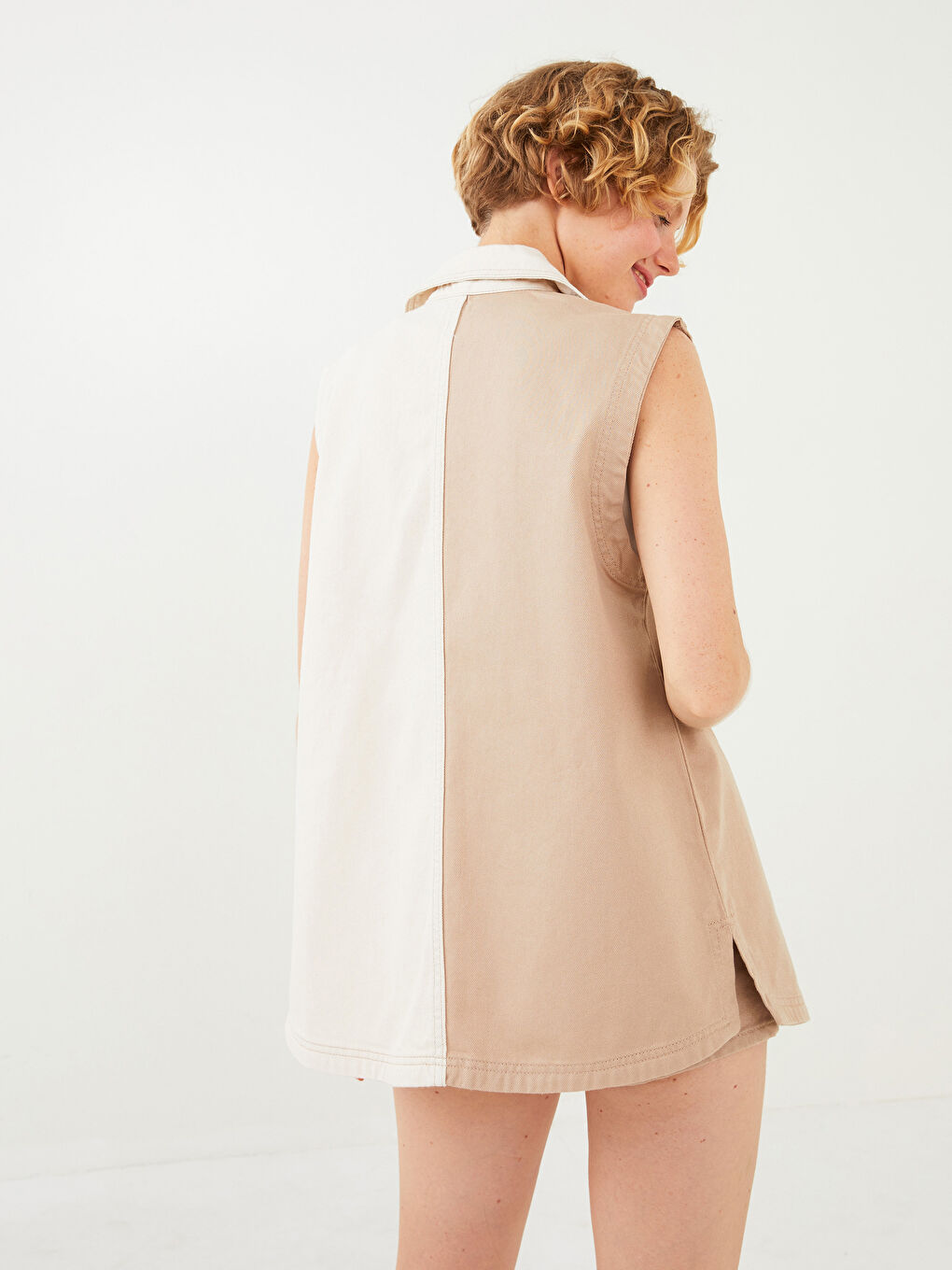 Bej Kadın Gömlek Yaka Renk Bloklu Kolsuz Jean Ceket-5