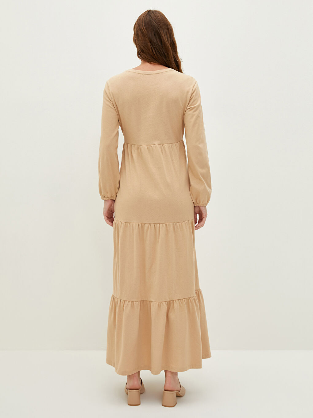 فستان حمل قطني طويل كم طويل بقصة A وخط مستقيم برقبة دائرية-3