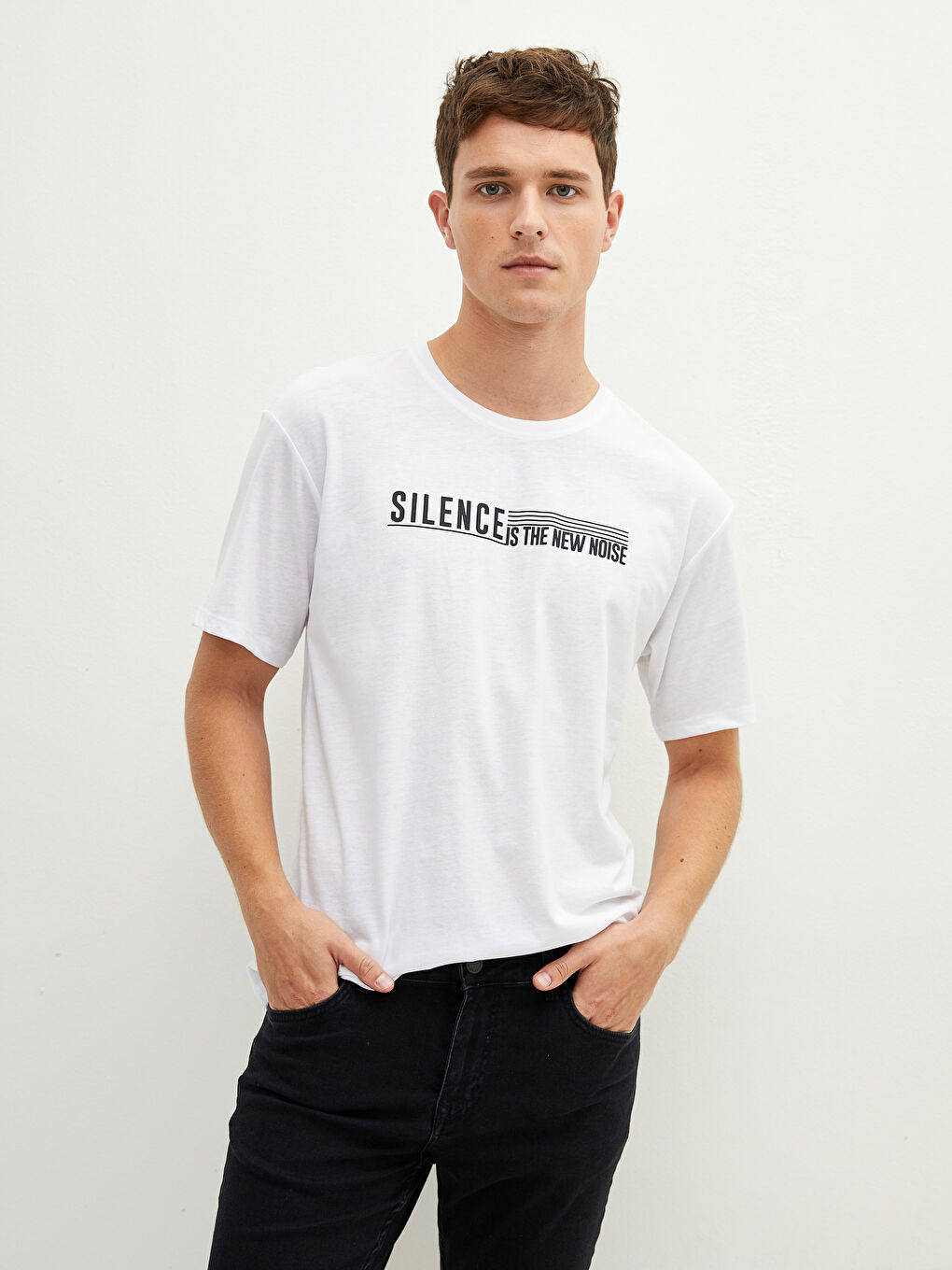 Beyaz Bisiklet Yaka Kısa Kollu Baskılı Penye Erkek Tişört-5