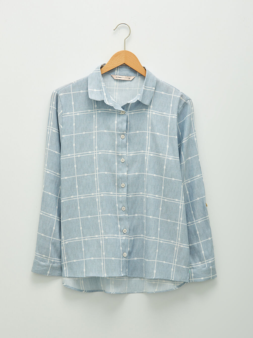 Mavi Önden Düğme Kapamalı Kareli Uzun Kollu Kadın Gömlek-6