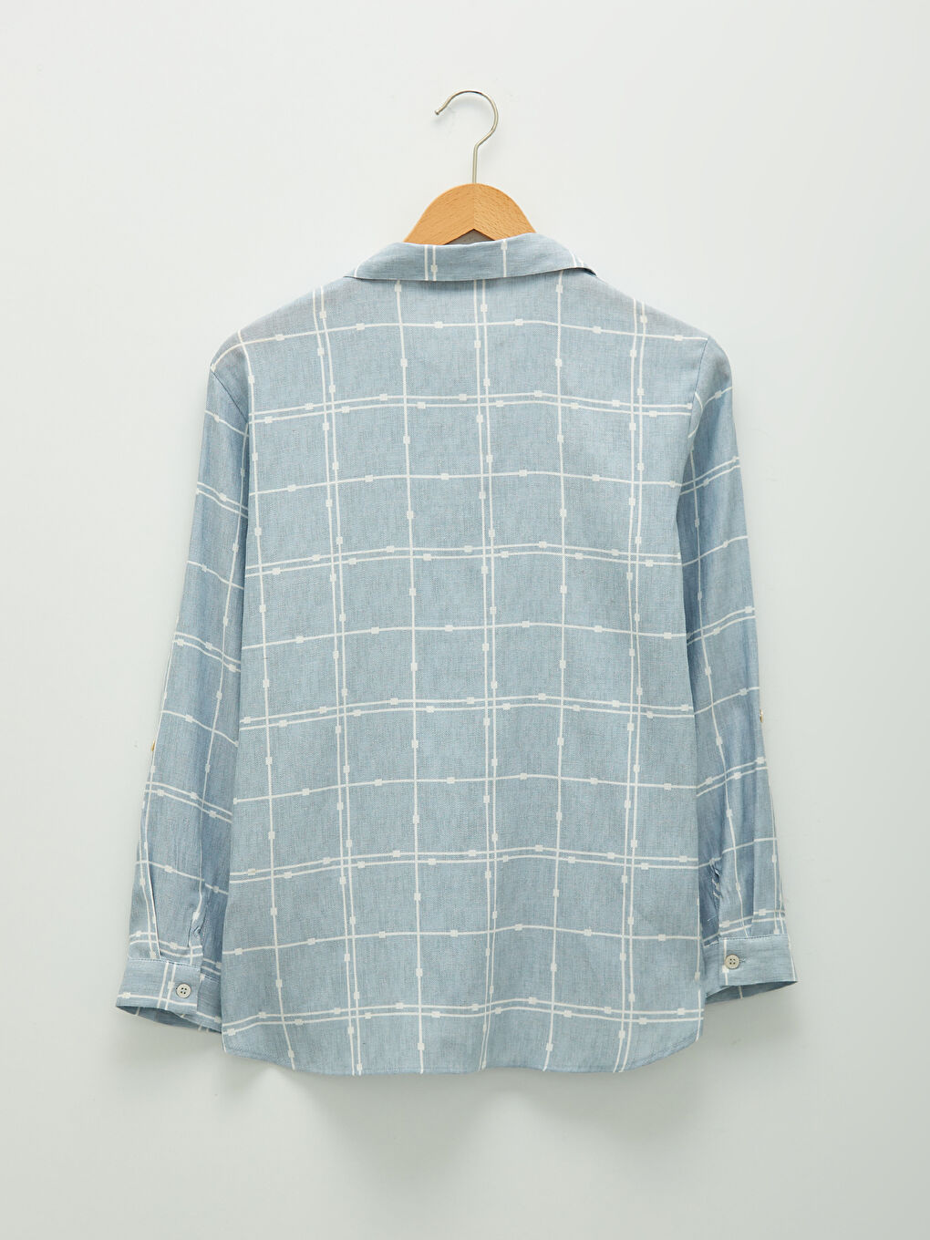 Mavi Önden Düğme Kapamalı Kareli Uzun Kollu Kadın Gömlek-7