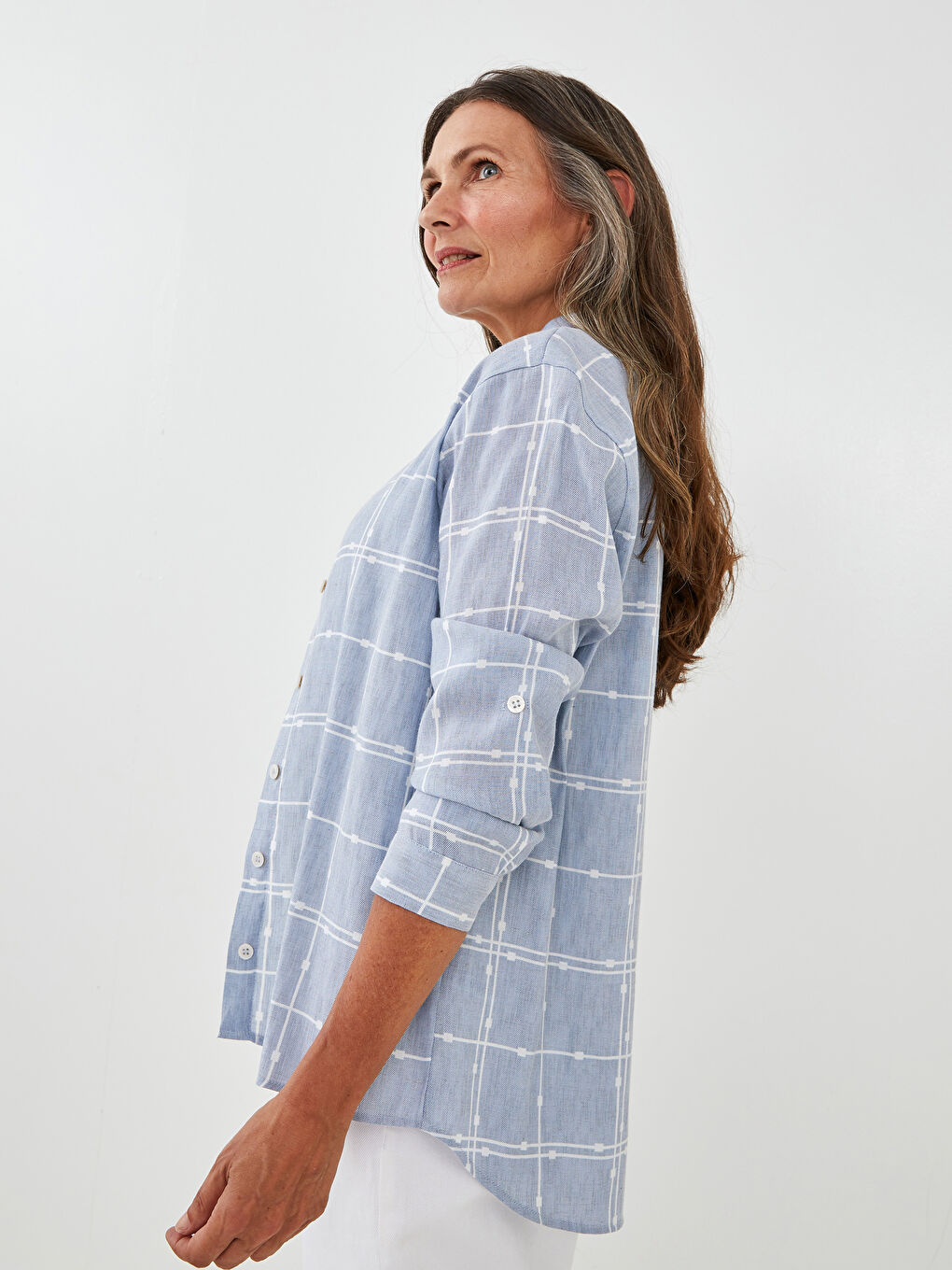 Mavi Önden Düğme Kapamalı Kareli Uzun Kollu Kadın Gömlek-2