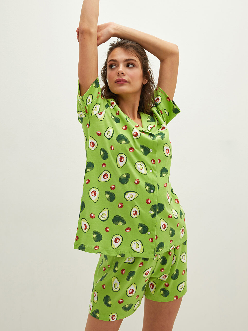 Shirt Collar Avocado Printed Short Sleeve Cotton Women's Short Pajamas Set-1