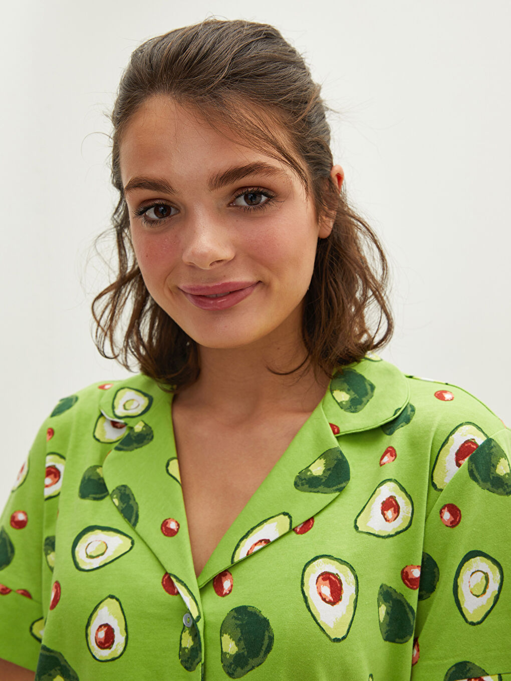 Shirt Collar Avocado Printed Short Sleeve Cotton Women's Short Pajamas Set-2