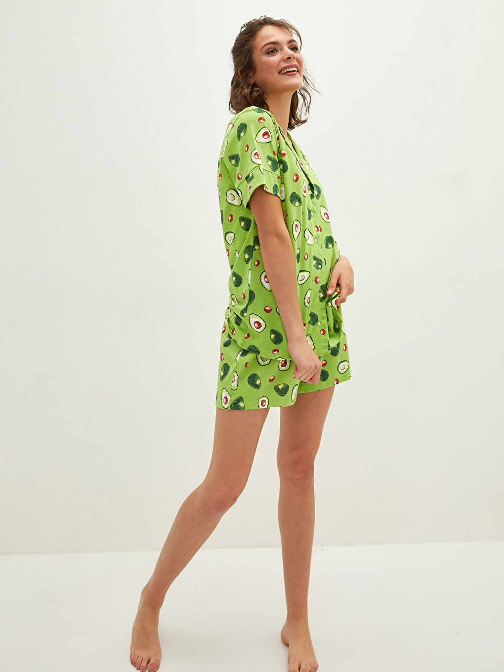 Shirt Collar Avocado Printed Short Sleeve Cotton Women's Short Pajamas Set-3