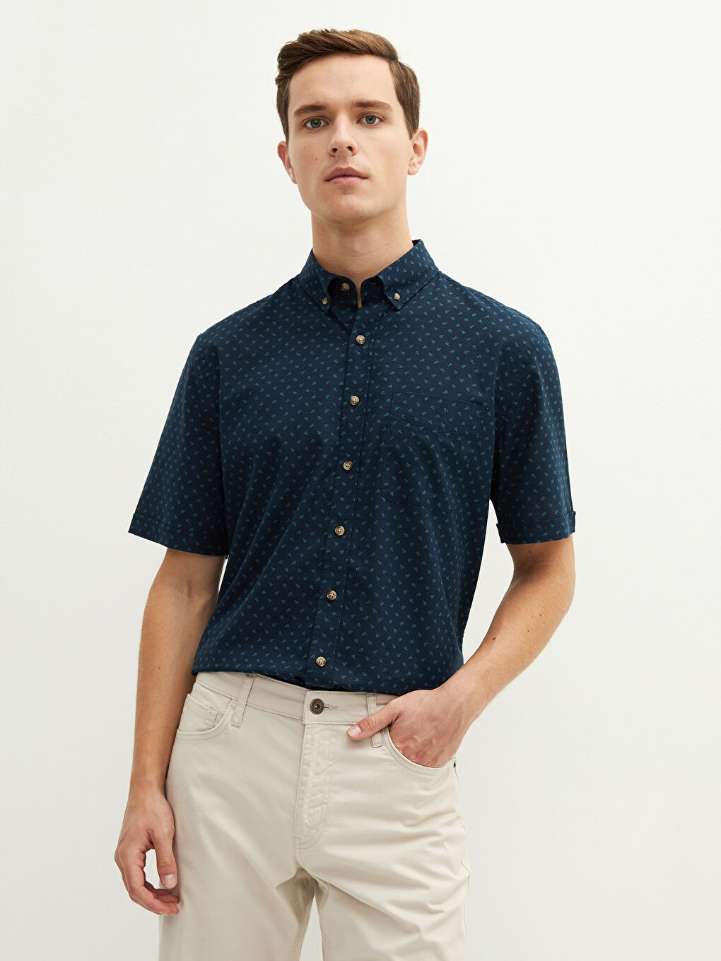 Lacivert Regular Fit Kısa Kollu Poplin Erkek Gömlek-1