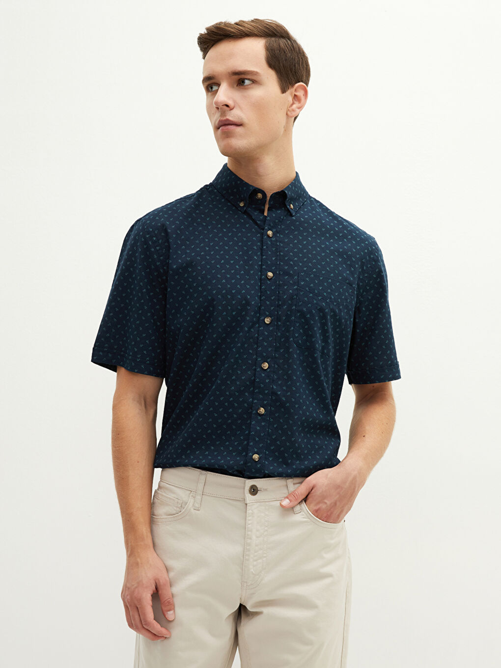 Lacivert Regular Fit Kısa Kollu Poplin Erkek Gömlek