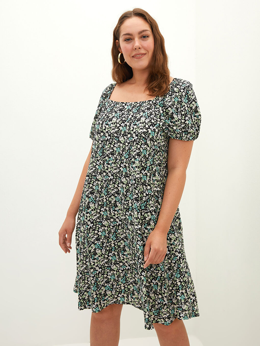 Plus Size Square Neck Floral Short Sleeve Viscose Women's Dress-2