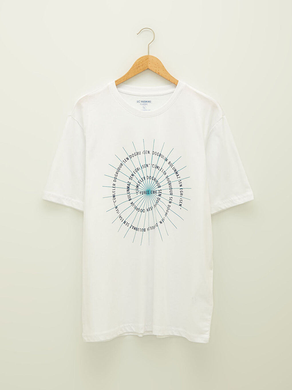 Beyaz Bisiklet Yaka Kısa Kollu Yunus Emre Söz Baskılı Penye Erkek Tişört-5