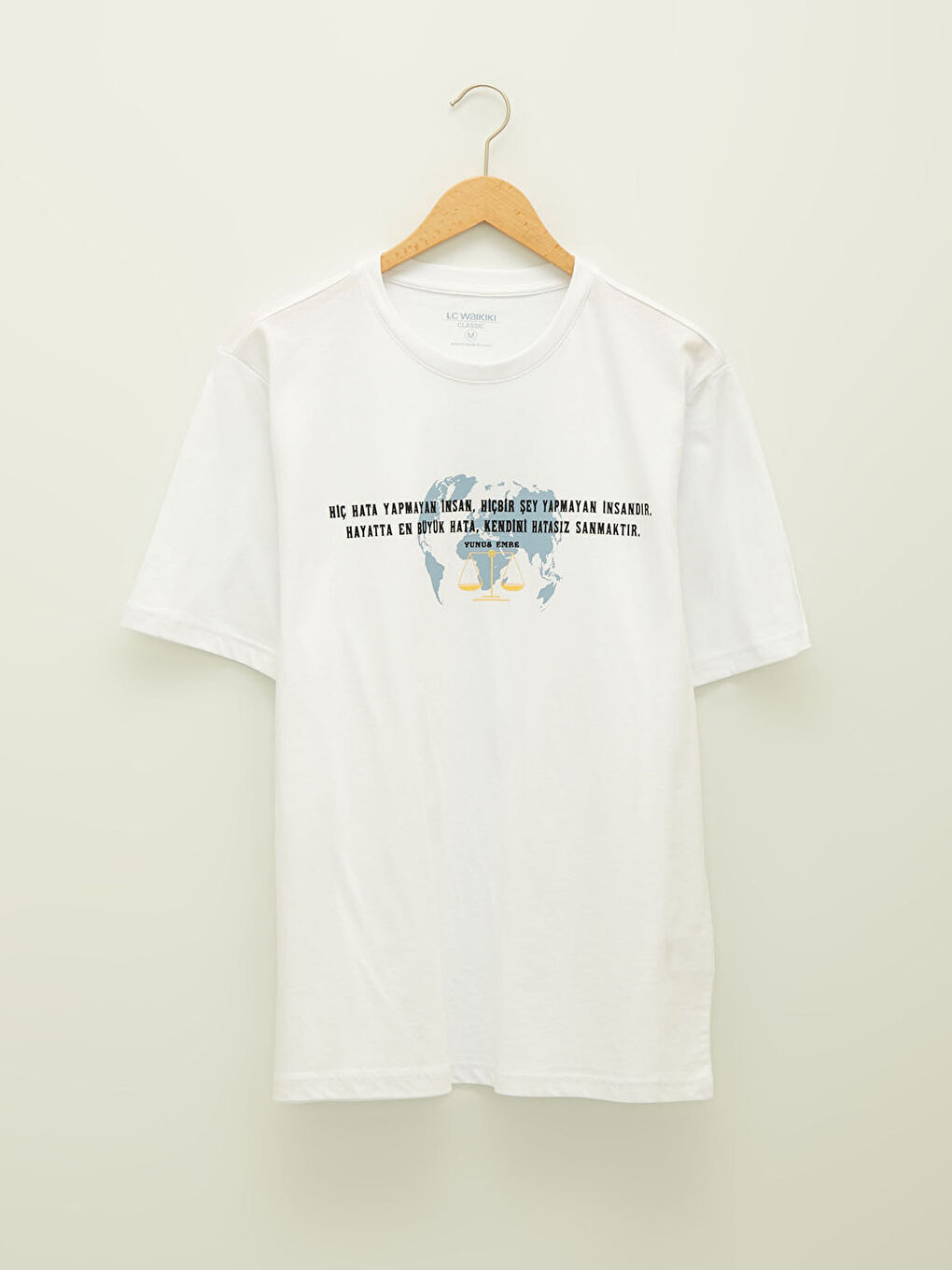Beyaz Bisiklet Yaka Kısa Kollu Yunus Emre Söz Baskılı Penye Erkek Tişört-5