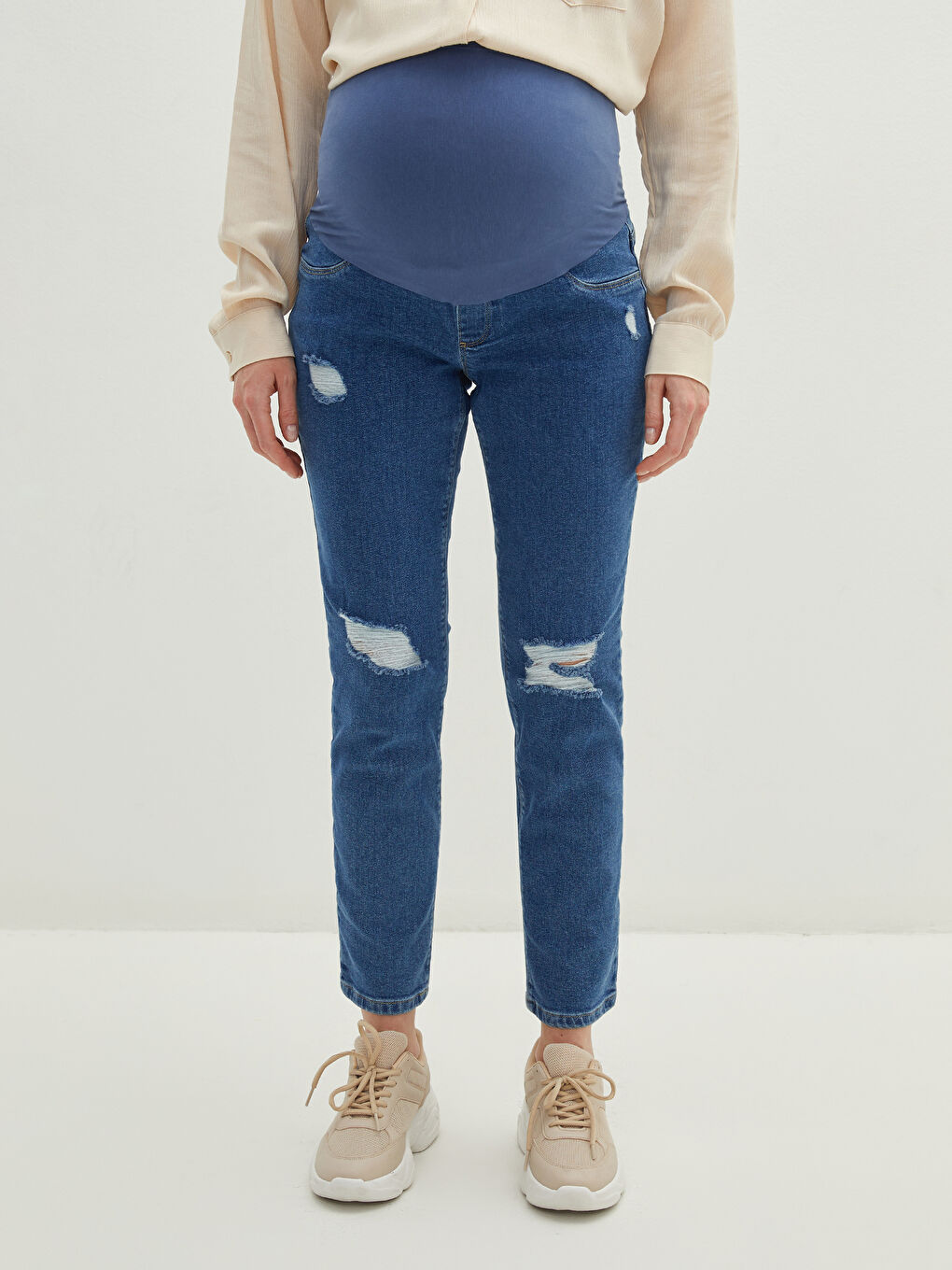 Tummy Paneled Slim Mom Ripped Detail Maternity Jeans-1